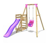 Rebo® Wooden Swing Set Plus Deck and Slide - Pluto Pink | OutdoorToys | Kids' Outdoor Wooden Play Equipment for Gardens, Frame and Accessories Included, Weather Resistant