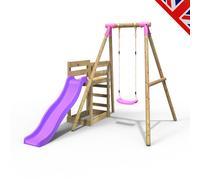 (Solar, Pink) Rebo Wooden Swing Set plus Deck & Slide