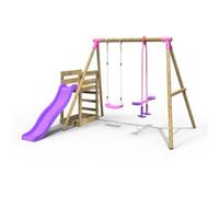 Rebo Wooden Swing Set Plus Deck & Slide - Star Pink