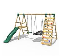 Rebo Wooden Swing Set With Deck And Slide Plus Up And Over Climbing Wall - Quartz Green
