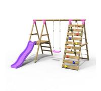 Rebo Wooden Swing Set With Deck And Slide Plus Up And Over Climbing Wall - Amber Pink