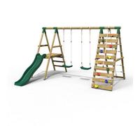 Rebo Wooden Swing Set With Deck And Slide Plus Up And Over Climbing Wall - Jade Green