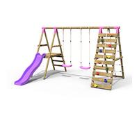 Rebo® Wooden Swing Set with Deck and Slide Plus Up and Over Climbing Wall - Jade Pink | OutdoorToys | Sturdy Wooden Construction, Pressure Treated Timber