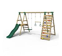 Rebo® Wooden Swing Set with Deck and Slide Plus Up and Over Climbing Wall - Jasper Green | OutdoorToys | Sturdy Wooden Construction, Pressure Treated Timber
