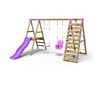 Rebo® Wooden Swing Set with Deck and Slide Plus Up and Over Climbing Wall - Moonstone Pink | OutdoorToys | Sturdy Wooden Construction, Pressure Treated Timber