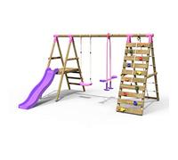 Rebo® Wooden Swing Set with Deck and Slide Plus Up and Over Climbing Wall - Obsidian Pink | OutdoorToys | Sturdy Wooden Construction, Pressure Treated Timber