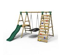 Rebo Wooden Swing Set With Deck And Slide Plus Up And Over Climbing Wall - Onyx Green