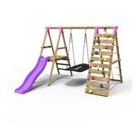 Rebo Wooden Swing Set With Deck And Slide Plus Up And Over Climbing Wall - Onyx Pink