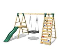 Rebo Wooden Swing Set With Deck And Slide Plus Up And Over Climbing Wall - Pyrite Green
