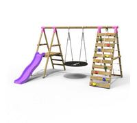 Rebo Wooden Swing Set With Deck And Slide Plus Up And Over Climbing Wall - Pyrite Pink
