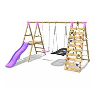 Rebo® Wooden Swing Set with Deck, Slide and Up and Over Climbing Wall - Quartz Pink | OutdoorToys | Kids' Outdoor Wooden Play Equipment for Gardens, Frame and Accessories Included, Weather Resistant