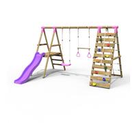 Rebo Wooden Swing Set with Trapeze, Climbing Wall & Slide - Jasper Pink Rebo Pink