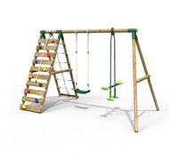 Rebo® Wooden Swing Set with Up and Over Climbing Wall - Isla Green | OutdoorToys | Kids' Outdoor Wooden Play Equipment for Gardens, Frame and Accessories Included, Weather Resistant