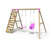 Rebo Wooden Swing Set With Up And Over Climbing Wall - Kai Pink