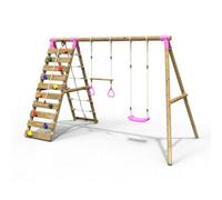 Rebo® Wooden Swing Set with Up and Over Climbing Wall - Savannah Pink | OutdoorToys | Knotted Climbing Rope, Trapeze Bar, Sturdy Wooden Construction, Pressure Treated Timber