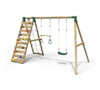 Rebo Wooden Swing Set with Up and Over Climbing Wall (Savannah) | Pressure treated wood, single garden swing set with up and over for kids
