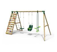 Rebo Wooden Swing Set with Up and Over Climbing Wall (Sienna) | Pressure treated wood, single garden swing set with up and over for kids