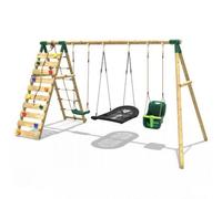 Rebo® Wooden Swing Set with Up and Over Climbing Wall - Skye Green | OutdoorToys | Baby Seat, Boat Seat, Sturdy Wooden Construction, Pressure Treated Timber