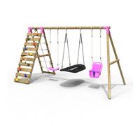 (Skye, Pink) Rebo Wooden Swing Set with Up and Over Climbing Wall