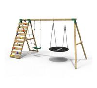 Rebo Wooden Swing Set With Up And Over Climbing Wall - Vale Green