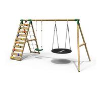 Rebo® Wooden Swing Set with Up and Over Climbing Wall - Vale Green | OutdoorToys | Nest Swing, Climbing Rocks, Sturdy Wooden Construction, Pressure Treated Timber