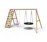 (Vale, Pink) Rebo Wooden Swing Set with Up and Over Climbing Wall
