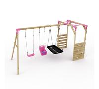 Rebo Wooden Triple Swing Set with Climbing Wall & Monkey Bars - Halley Pink Rebo Pink