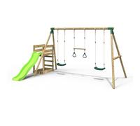 Rebo Wooden Triple Swing Set with Trapeze Bar & Slide - Comet Green Rebo Green