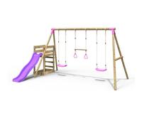 Rebo Wooden Triple Swing Set with Trapeze Bar & Slide - Comet Pink Rebo Pink