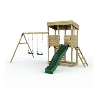 Rebo XL Lookout Tower Playhouse with Double Swing & Slide in Brown Rebo Brown