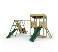Rebo XL Lookout Tower with Single Swing & Climbing Wall plus Slides in Brown Rebo Brown