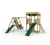 Rebo XL Lookout Tower with Single Swing & Climbing Wall plus Slides in Brown Rebo Brown