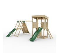 Rebo XL Lookout Tower with Single Swing & Climbing Wall plus Slides in Brown Rebo Brown