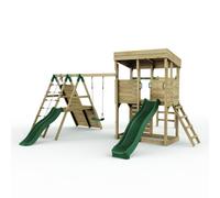 Rebo Xl Lookout Tower Playhouse With Single Swing And Monkey Bars Plus Climbing Wall And Slides