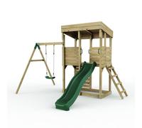 Rebo XL Lookout Tower Playhouse with Single Swing & Slide in Brown Rebo Brown