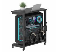 Rebonique Computer Tower Stand,2-Tier ATX-Case PC Stand with Slot&Hooks,Adjust-Height PC Trolley with 2 Lockable Castor Wheels, Printer Stand,CPU Holder Cart for Gaming Desk Computer Accessories,Black