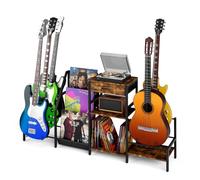 Rebonique Record Player Stand with Guitar Stand for Multiple Guitars, 3 Tier Vinyl Record Storage , Guitar Rack with Amp Stand , Vinyl Record Holder for Bass, Acoustic, Electric, Music Studio