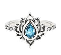 Reborn Engraved Lotus Ring, 925 Sterling Silver Cubic Zirconia Engraved Lotus Ring, Lotus Ring Inspirational Jewelry, Reborn Lotus Ring for Women (Blue Topaz, 7)