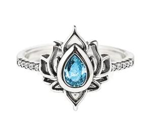 Reborn Engraved Lotus Ring, 925 Sterling Silver Cubic Zirconia Engraved Lotus Ring, Lotus Ring Inspirational Jewelry, Reborn Lotus Ring for Women (Blue Topaz, 6)