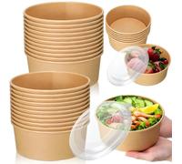 Reborn Packaging 300 x 1100ml 185mm Kraft Salad Paper Bowls with PET Lids - Disposable Takeaway Bowls for Hot/Cold Food - Leakproof Soup Containers - Cardboard Packaging