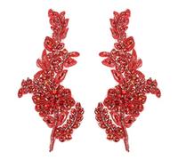 Rebower 2 Pcs Red Rhinestone Applique, 8 x 4 Inch Crystal Fabric Patches Beaded Embroidery Lace Appliques Embellishments for Wedding Evening Clothes Dresses Sewing