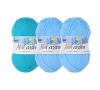 Rebower Cotton Yarn,65% Cotton and 35% Acrylic Fibers Soft Knitting Yarn[for Hand DIY Cushion Crocheting Knitting Projects Decor],3 Skeins/3×218yards/3×3.53oz/Light Blue/Lake Blue/Sky Blue