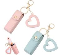 REBUCINA 2-Piece Lipstick Holder Case with Mirror, Lip Balm Keychain, Metal Key Ring, Blue/Pink, Women's Travel Cosmetic Case