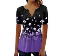 Recent Orders Placed 2024 Summer T Shirts for Women UK Short Sleeve Button Up V Neck Tops Trendy Pleated Henley Tunic Shirts Dressy Casual Butterfly Floral Print Blouse Ladies Elegant Going Out Tee