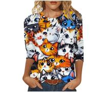 Recent Orders Placed Blouse for Women UK Cute Cats Print Tunic Tops 2025 Summer Fashion Round Neck Shirts Dressy Casual 3/4 Sleeve Tops Comfy Lightweight Loose Fit T-Shirt Going Out Tee