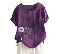 Recent Orders Placed Linen Tops for Women UK Summer Short Sleeve Cotton Linen Shirts 2024 Fashion Crew Neck Button Blouses Dressy Casual Dandelion Print T-Shirts Ladies Elegant Loose Fit Tee