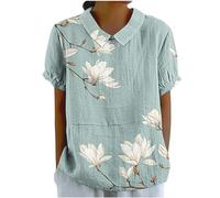 Recent Orders Placed Summer Linen Tops for Women UK Casual Dandelion Print Shirts 2024 Dressy Short Sleeve Lapel Neck Blouses Ladies Solid Oversized T-Shirts Going Out Blouses