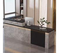 Reception Desk for Salon Modern Reception Counter with Strip Wood Finish Reception Table for Office & Lobby (Gray Texture + Black 140cm)