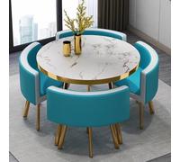 Reception Desk Set Round Table with 4 Chairs Wooden Top Metal Frame Rounded Edges Design Ideal for Restaurants and Offices (Blue)