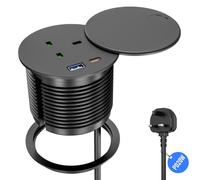 Recessed Desk Socket with USB-C PD 20W, Table Socket Equipped with Cover, Retractable Power Strip with USB-A and USB-C, 2m Cable, Black